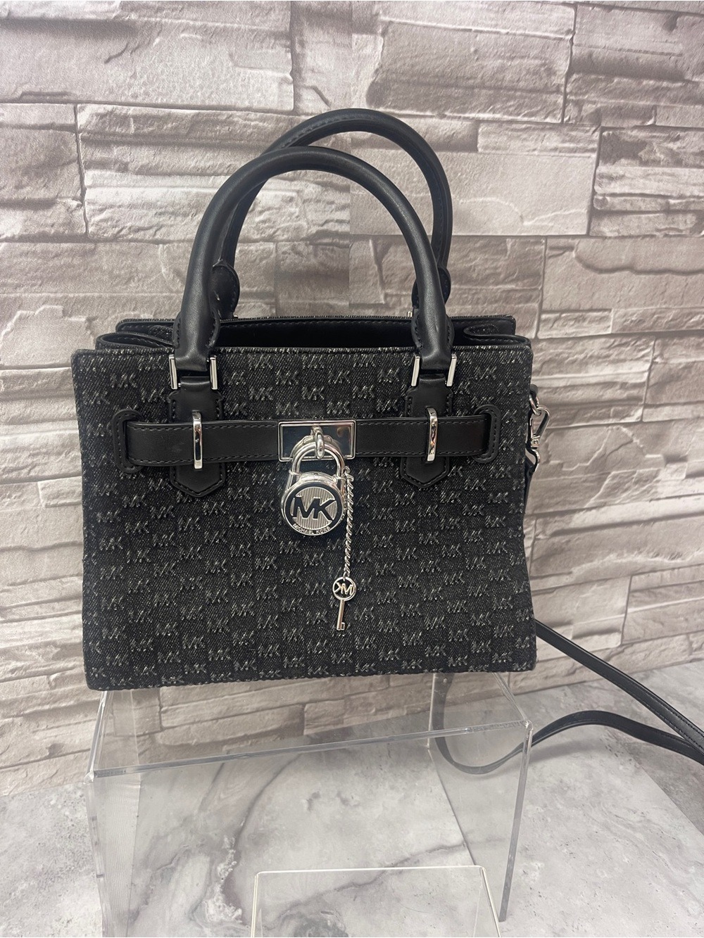 Michael Kors Hamilton Small Satchel MK Signature Logo Denim Jacquard Black